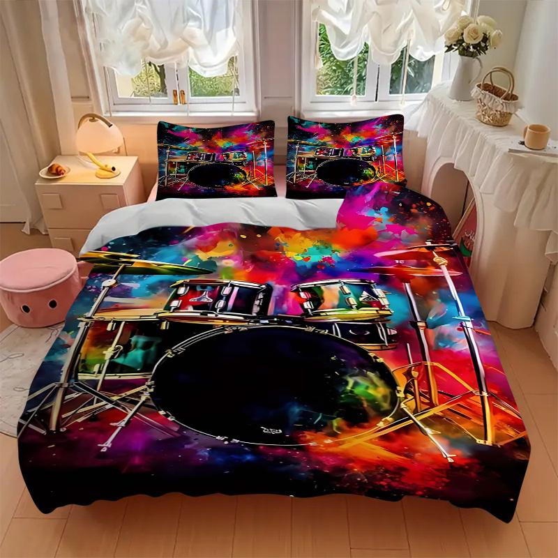 3pcs Colorful Drum Set Print Comforter Set with One Quilt Cover and Two Pillowcases (No Core) - Festival Gift for Home Decor, Anime Cartoon Design, Po