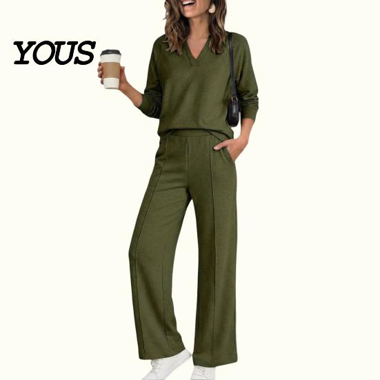 Damen Lässiges Loungewear Sweatshirt Hosen 2-teiliges Set, V-Ausschnitt Langarm Oberteil & Weiter V-Ausschnitt Pullover Sets Hosen mit Elastischem Bund, Einfarbig