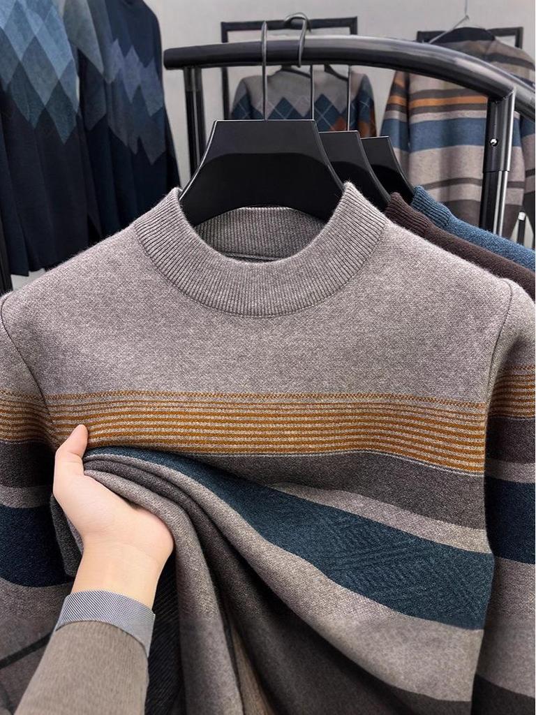 Men's Winter Striped Color Block Half-High Collar Fashion Knit Sweater