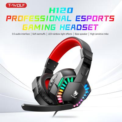 T-WOLF H120 Bedrade Gaming Headset RGB Achtergrondverlichting Ruisonderdrukking Esports Gamer Computer Hoofdband met Microfoon voor PC Laptops