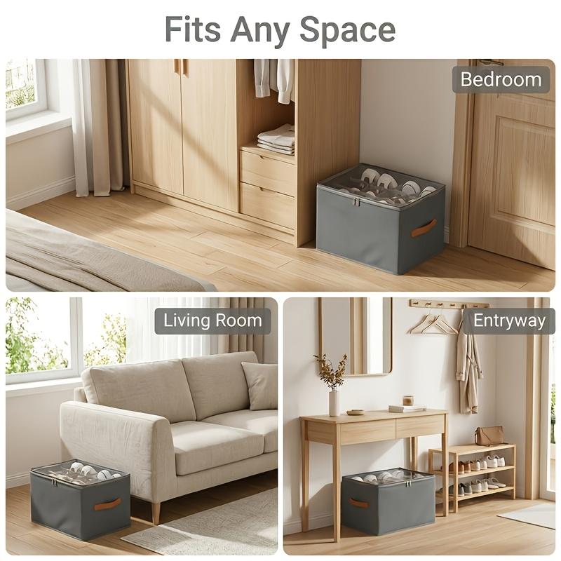 Foldable Under Bed Shoe Storage Organizer Box Heavy Duty Washable Oxford Fabric Dustproof Container with Clear Window Sturdy Handles Zippers