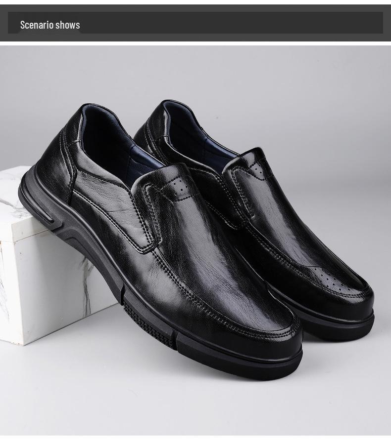 Men's Genuine Leather Cowhide Slip-On Business Casual Shoes - Non-Slip, Breathable, Soft Sole for Middle-Aged and Elderly.