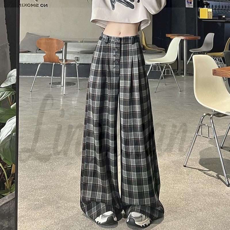 

Zhao Lusi Style Retro Plaid Wool Wide-Leg Pants - Women s Loose, Button-Up, Floor-Length Casual Trousers Extra Large