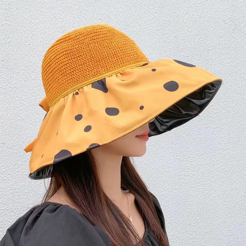 Fashion Bucket Hat Women's Summer Vinyl Sunscreen Large Brim Hollow Polka Dot Face Shade Sun Hat Sun Hat