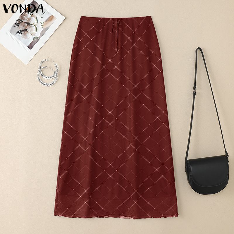 

VONDA Женские летние повседневные полупрозрачные клетчатые облегающие длинные юбки миди 4XL вино красного