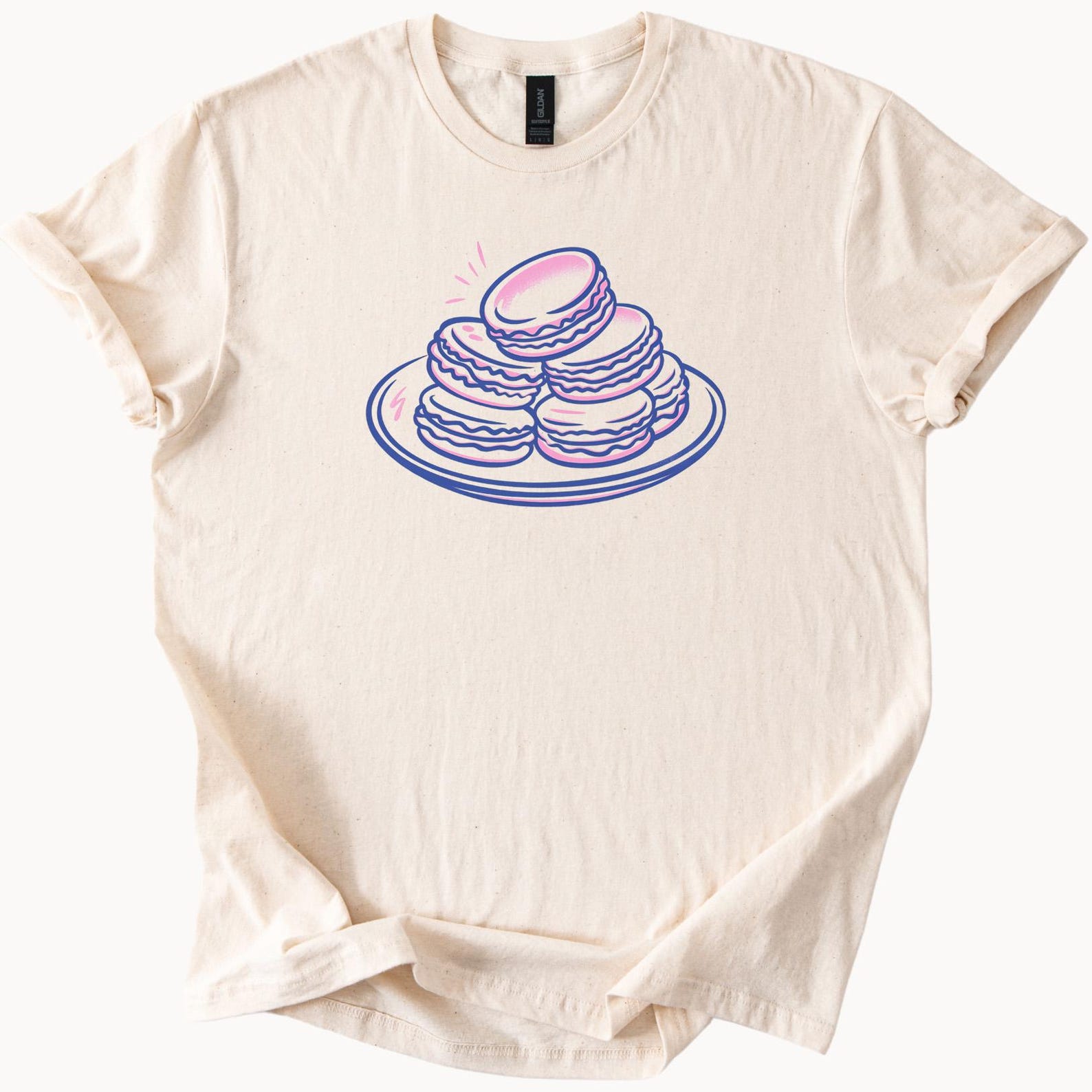 Pastel Macarons Graphic T Shirt French Dessert Food Illustration Cute Sweets Aesthetic Tee Unique Gift for Baker Foodie Lover 100