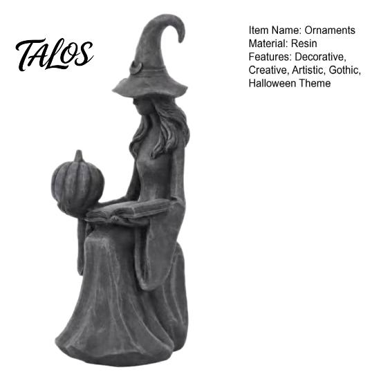 Spooky Garden Sculpture Halloween Witch Statue, Gothic Figurine with Pumpkin And Book, Matte Black Desktop Shelf Ornament Sculpture, Mantel