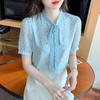 Blue Polka Dot Short-Sleeve Women's Chiffon Ribbon Shirt, Summer 2025 Collection
