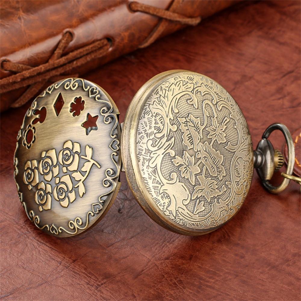 Unique Hollow Bronze Quartz Pocket Watch Rose Flower Pattern Necklace Pendant Clock Trendy Vintage Timepiece Gift for Men Women