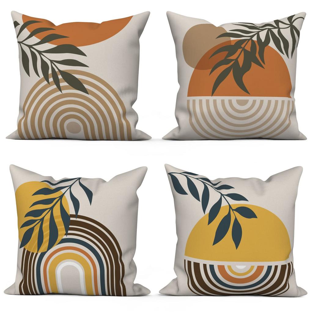 4Pcs Retro Abstract Cushion Covers, Boho Sun & Leaf Geometric Pillow Cases For Sofa Bedroom Living Room 45X45Cm