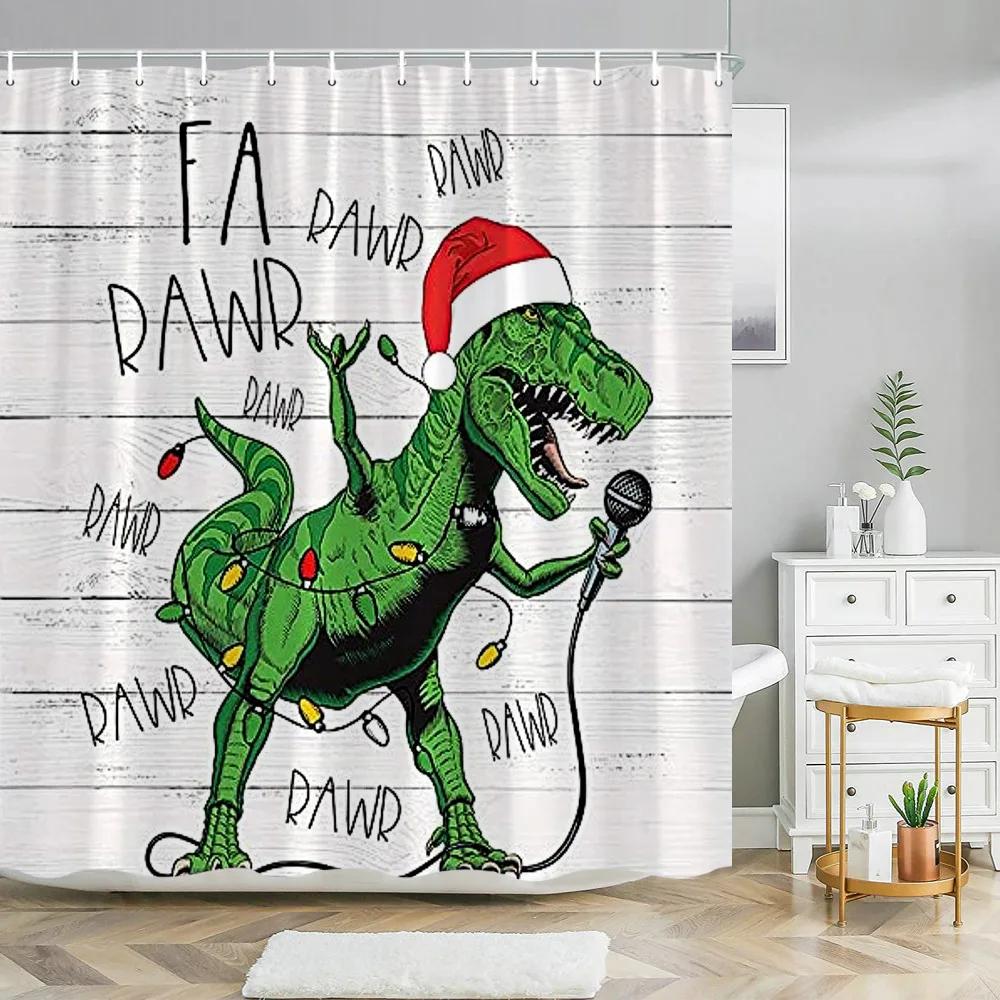 Funny Christmas Animals Shower Curtain Cute Puppy Dinosaur With Christmas Hat Flamingo Fabric Home Bath Curtains Bathroom Decor