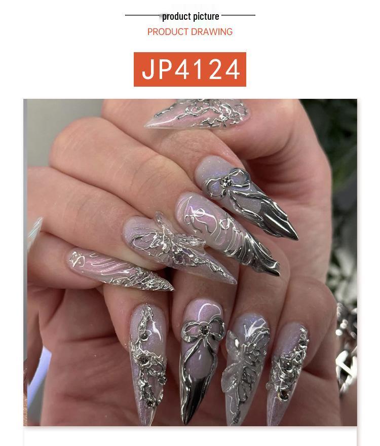 Kouzelné Zrcadlo 3D Stříbrné Perleťové Nalepovací Nehty - Dlouhé, Špičaté Tipy s Pudrovým Povrchem