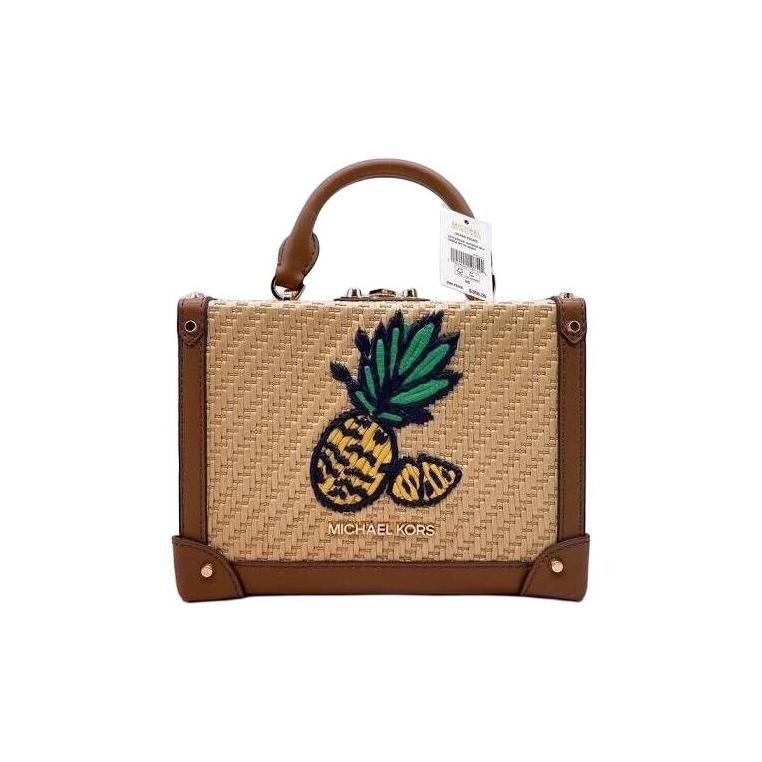 Michael Kors Island Escape Woven Pineapple Print Color Block Vacation Style Leather Small Square Bag Women Handbags Brown 35T1G5IC2W-NATURAL-MLT