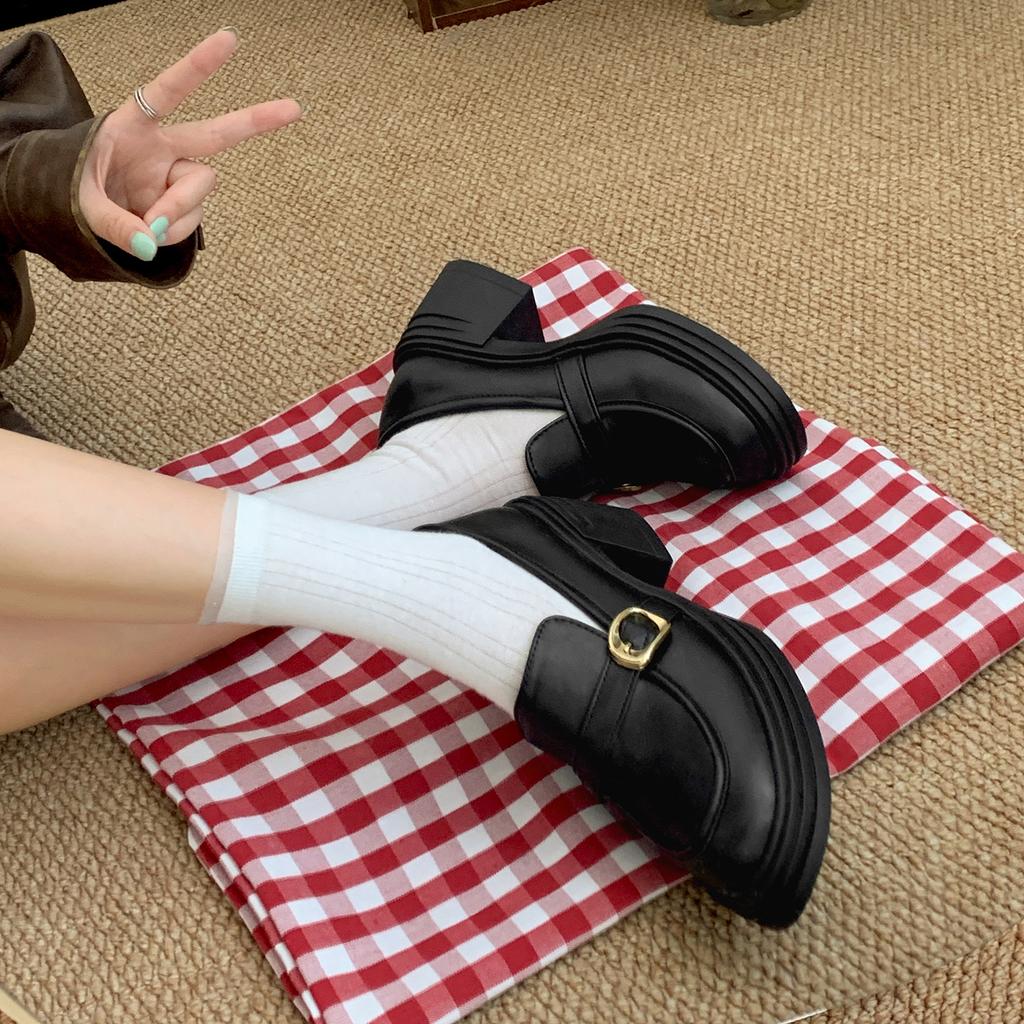 Black Retro British Style Thick High-heeled Small Leather Shoes Women's 2025 New Autumn Skirt Heightening Versatile Loafers