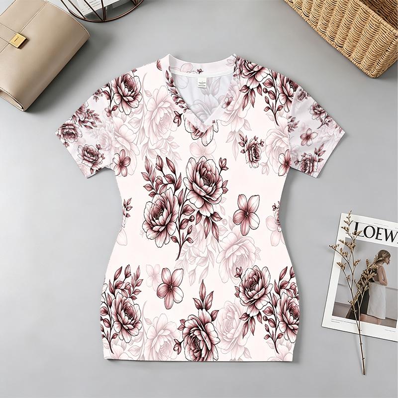 Women's Slim Fit Short Sleeve V-Neck Dress – Soft Floral Print, Casual Wear for Beach Vacation & Daily Commute