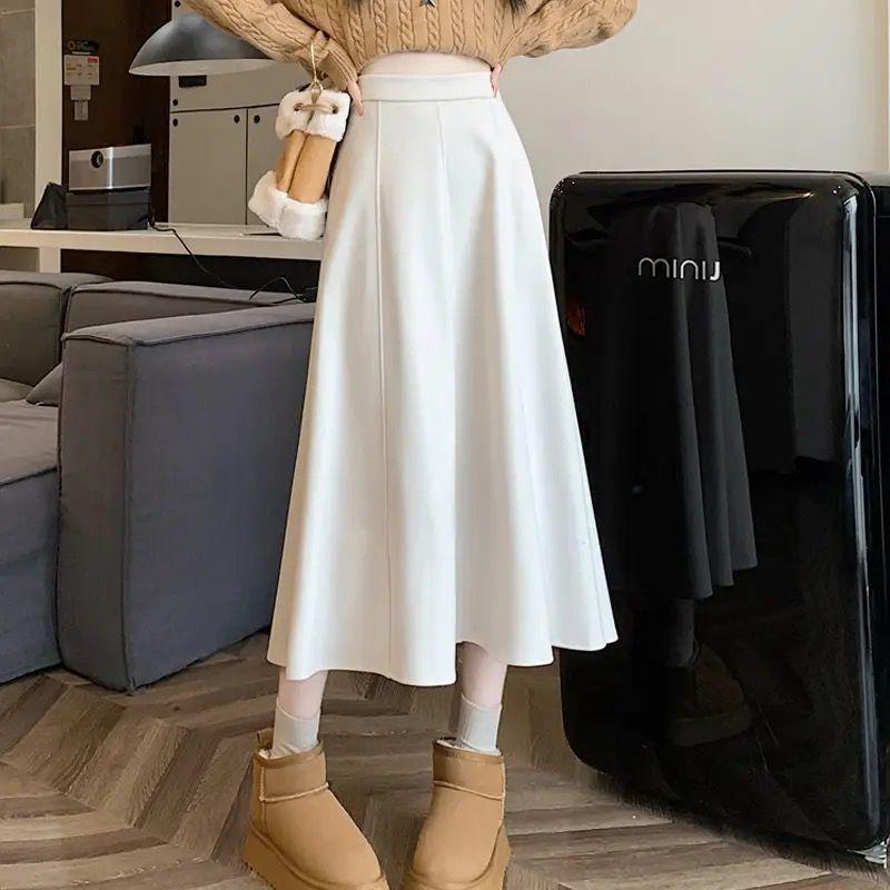 

Off-White High Waist A-Line Midi Skirt for Women - Slimming, Versatile, Autumn/Winter Drape Style S (80-95 lbs)