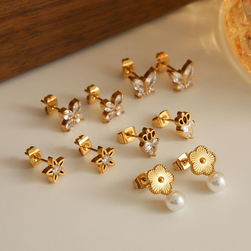 Butterfly Zircon Star Stud Earrings, Ins Style Light Luxury Stainless Steel Five-Petal Flower Pearl Ear Jewelryarrings