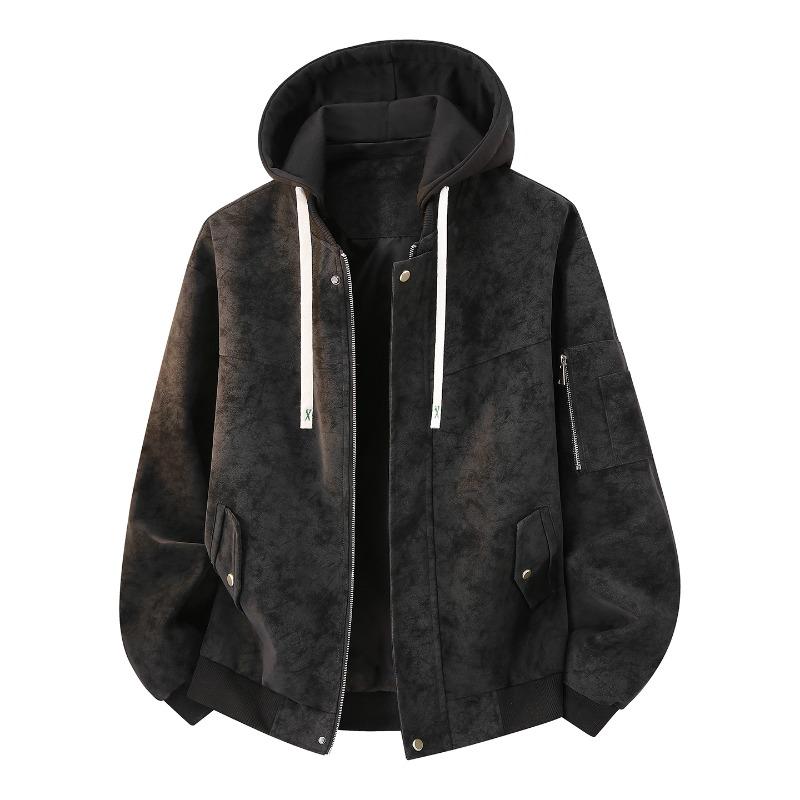 Men s Detachable Hood Oversized Color Block Workwear Jacket Thickened Pu Leather Jacket Coat M