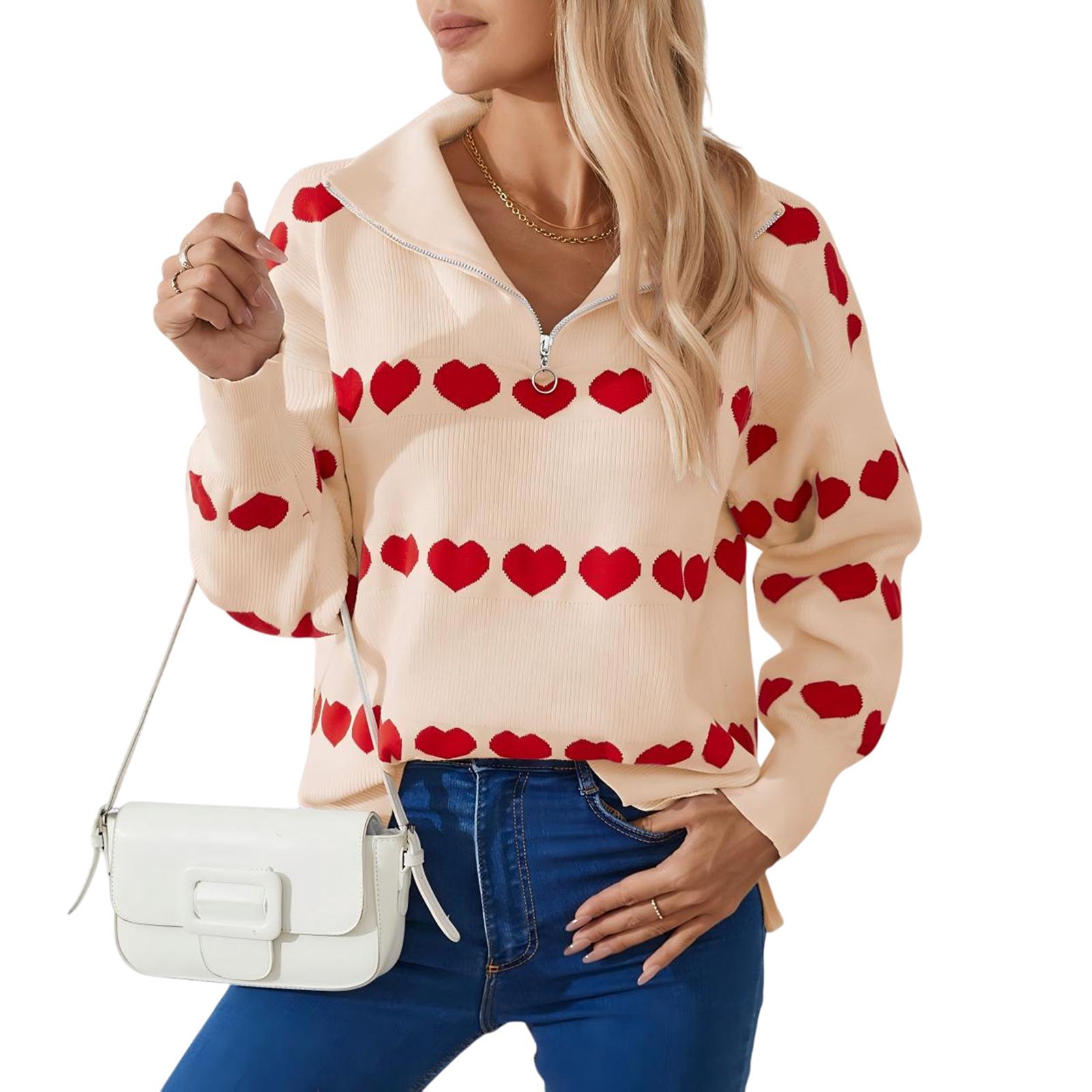 

Women s Fashion Zipper Lapel Heart Contrast Color Long Sleeve Pullover Top S