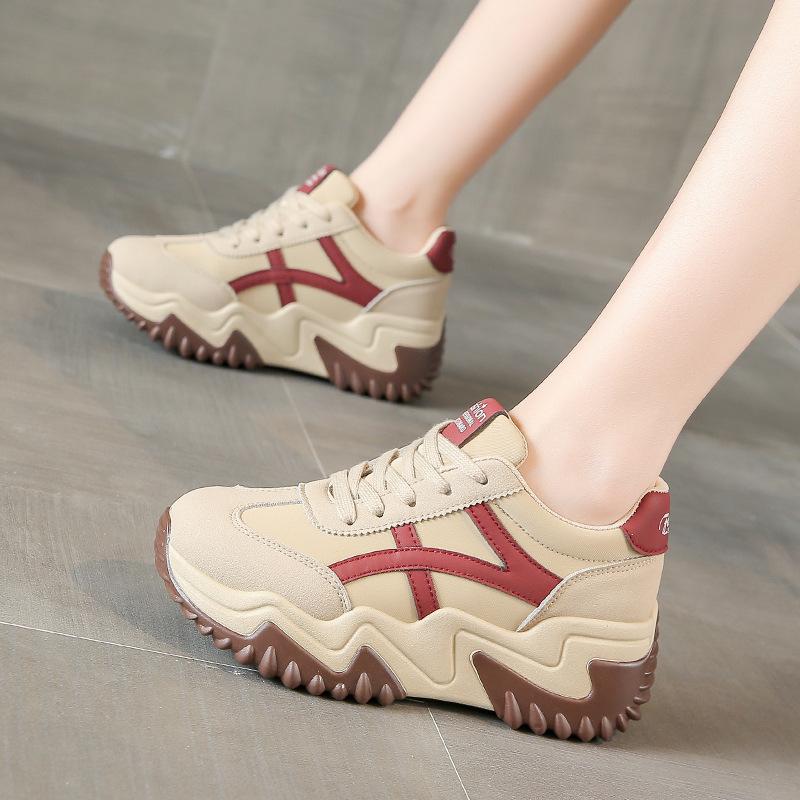 Women's Shoes Autumn New Board Shoes Color Matching Thick Baseplate Shoes Heightening Leather Surface Sports Fashion Student