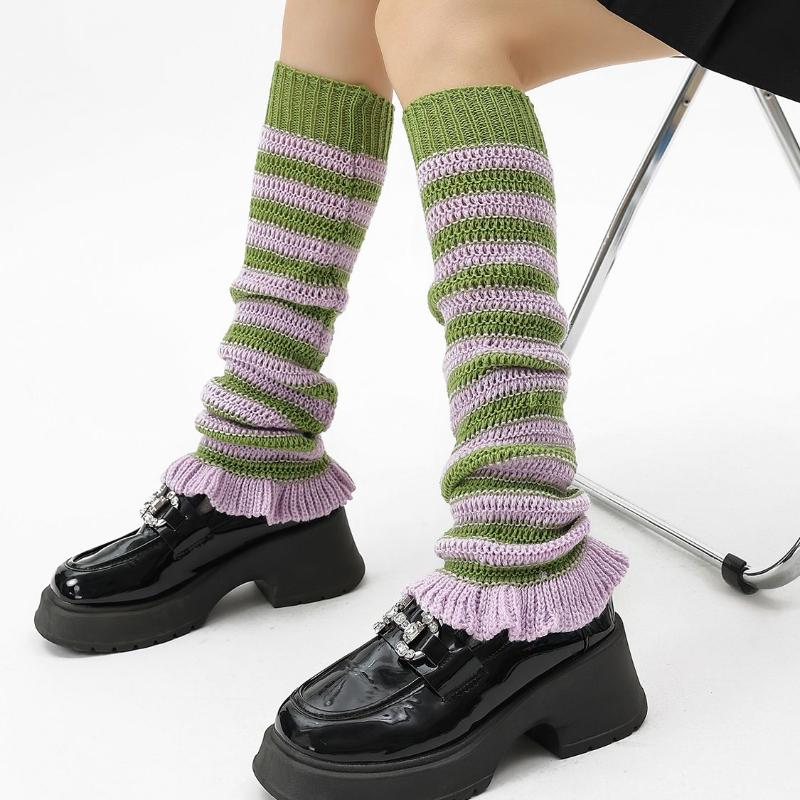 Hot Girl Style Y2K Spring Autumn Women's Striped Slouch Socks Leg Warmers for Leather Shoes Knitted Chunky Thread Calf Socks