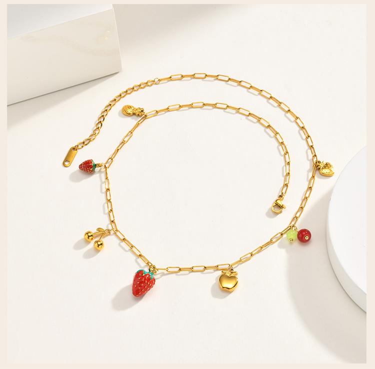 Fruit Necklace for Women, Adjustable Paperclip Chain, Y2K Cute Strawberry Apple Cherry Enamel Charm Pendant Jewelry Gift