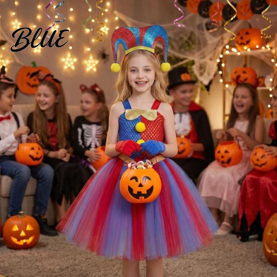 Childrens Pointed Hat Kids Clown Costume Dress Set with Headband & Gloves Girls Circus Soft Mesh Tutu Princess Dress Halloween Stage Performance