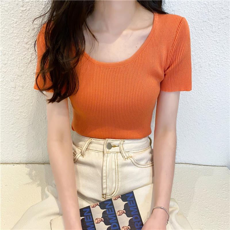 New Summer Round Neck Knitted Short Sleeve T-shirt Women Slim Fit Elastic Solid Casual Women's T Shirts Tops Fashion Elegant Simple Female Tee 26319