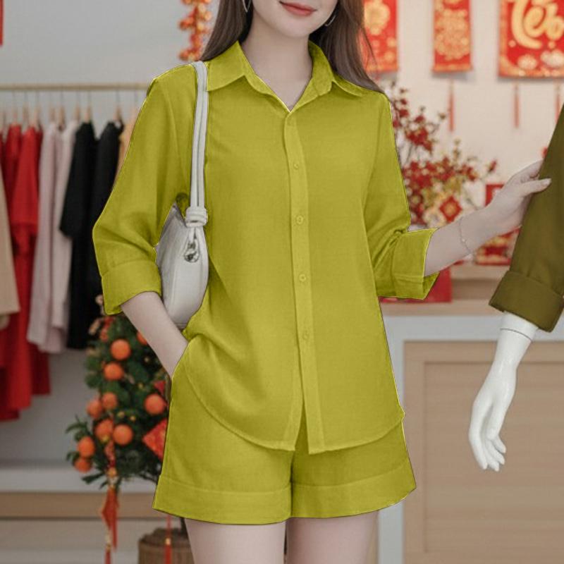 ZANZEA Women 3/4 Sleeve Blouse and Shorts Summer Two Piece Suit Sets