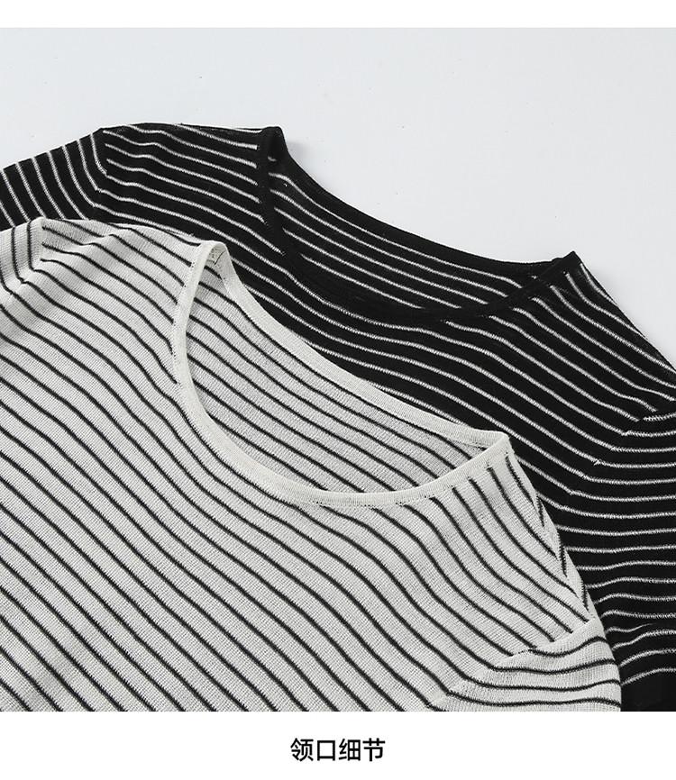 Round Neck Short-Sleeved Thin Striped Knitted Sweater for Women