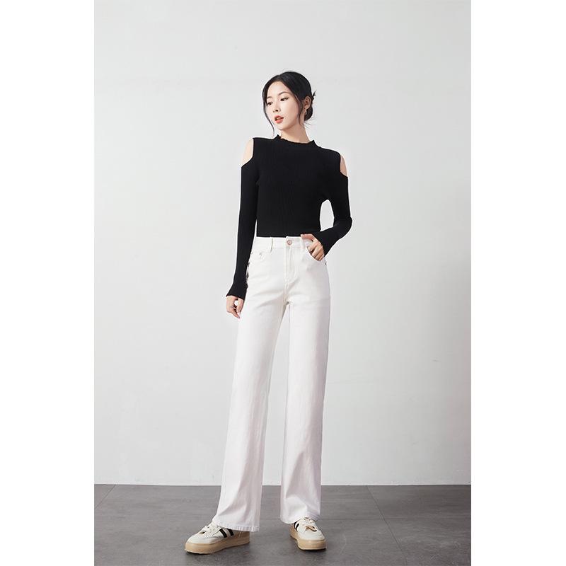 Women's High-Waisted Wide-Leg White Jeans, Floor-Length, Spring New Arrival, Versatile Slimming Straight Pants