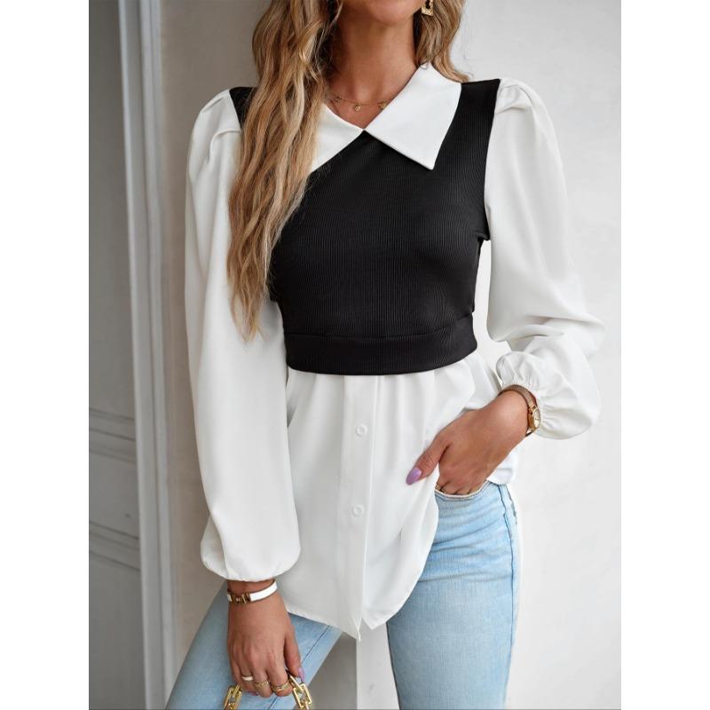 Women's Blouse Bubble Sleeve Temperament Casual Colorblocking Blouse