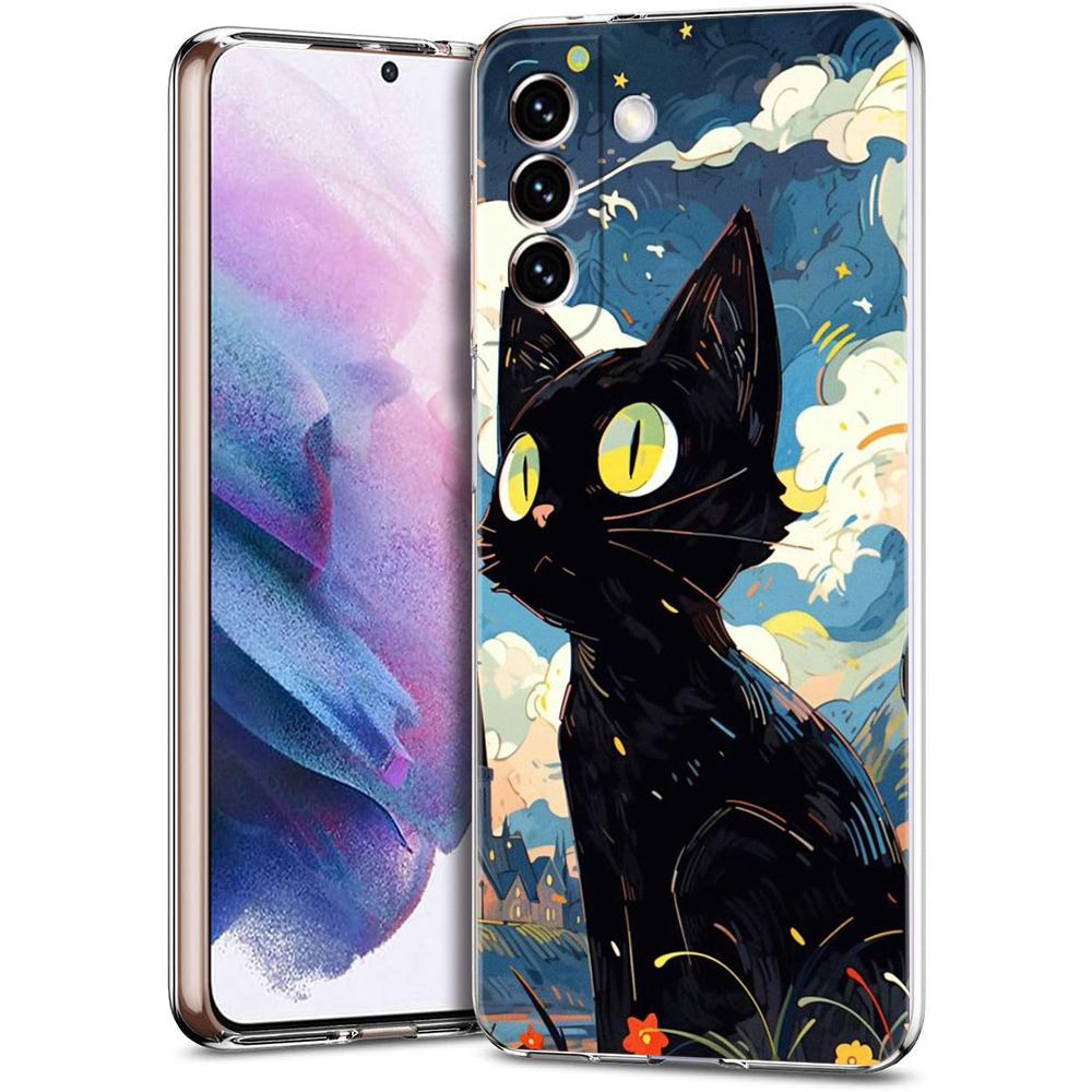 Artistic Black Cat Starry Night Phone Case For Samsung Galaxy S24 Ultra S23 FE S22 S20 S21 5G S10 S9 Plus S10E S8 Clear Cover