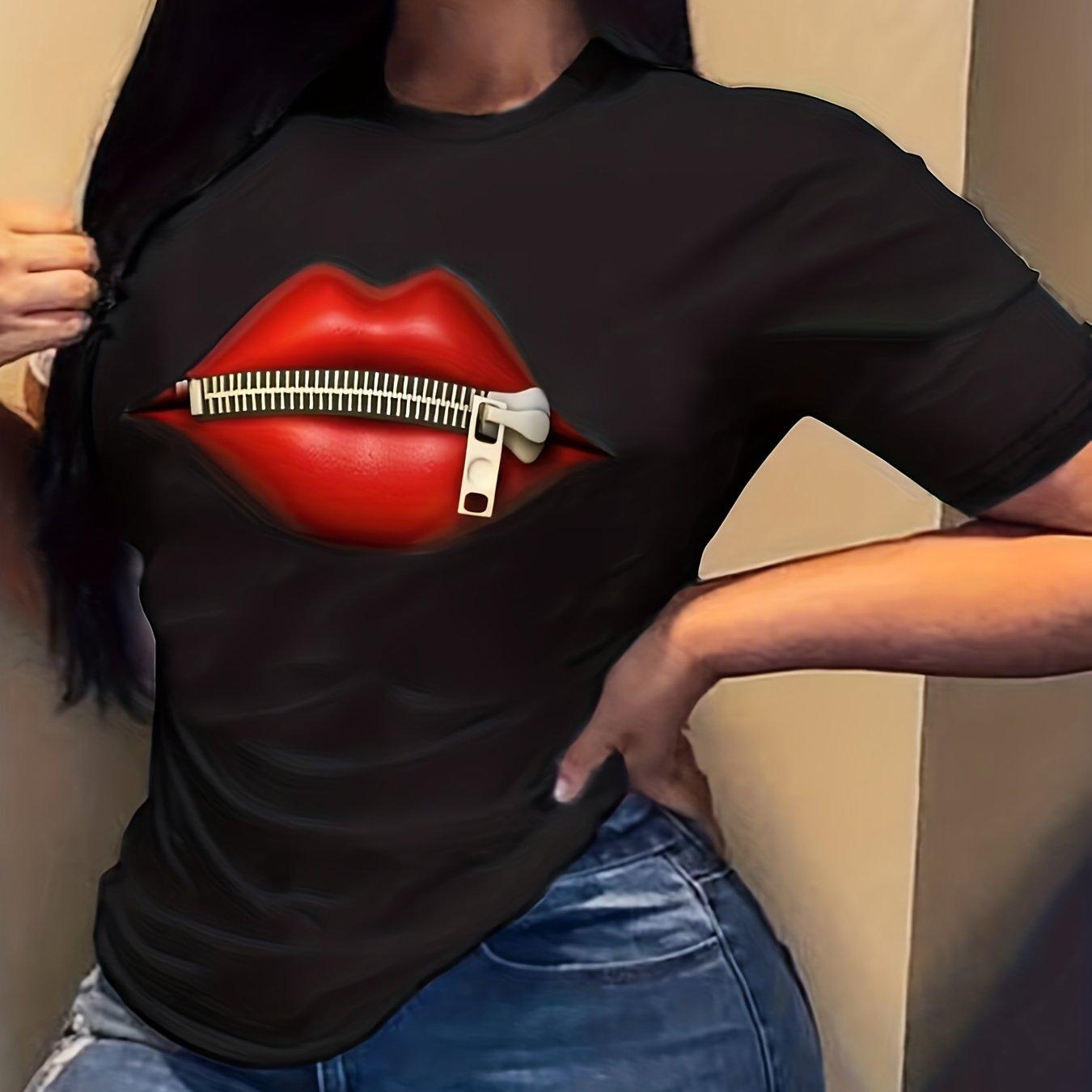 

Футболка с принтом «губы» из хлопка, футболка с круглым вырезом и коротким рукавом, повседневные топы на каждый день, женская одежда S