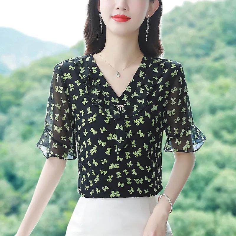 High-end Chiffon Shirt Fashionable Upscale Summer Loose Short-sleeved Top Elegant Dress Top