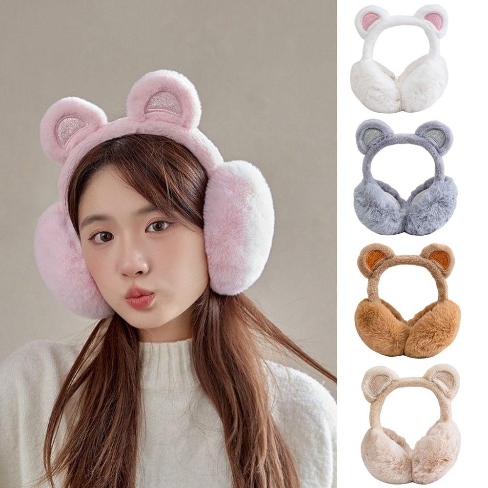Anti-Freeze Sequins Bear Ear Earmuffs Plush Winter Ear Muffs Cute Ear Cover  for Women Girls