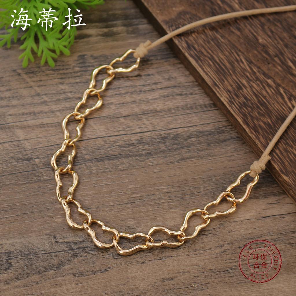New metal exaggerated geometric leather rope necklace, women's high-end punk metal versatile necklace