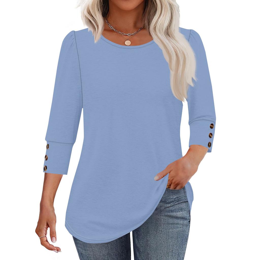 Women's Fashion Casual Solid Color Round Neck Seven-quarter Sleeve T-shirt Top