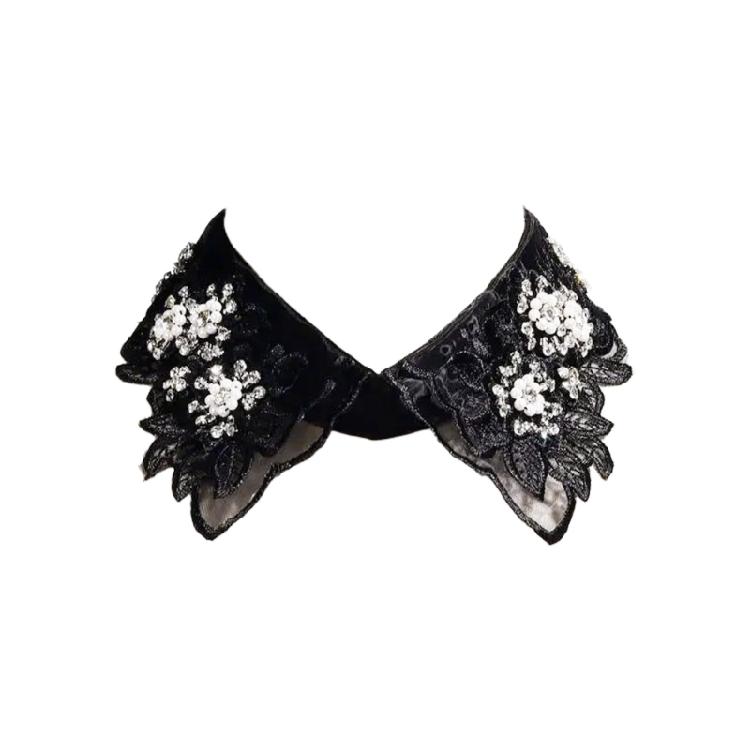 Fashionable Embroidery Floral Beaded Lace Fake Collar for Women Lapel Ruffled Organza Removable Collar Dress Accessory