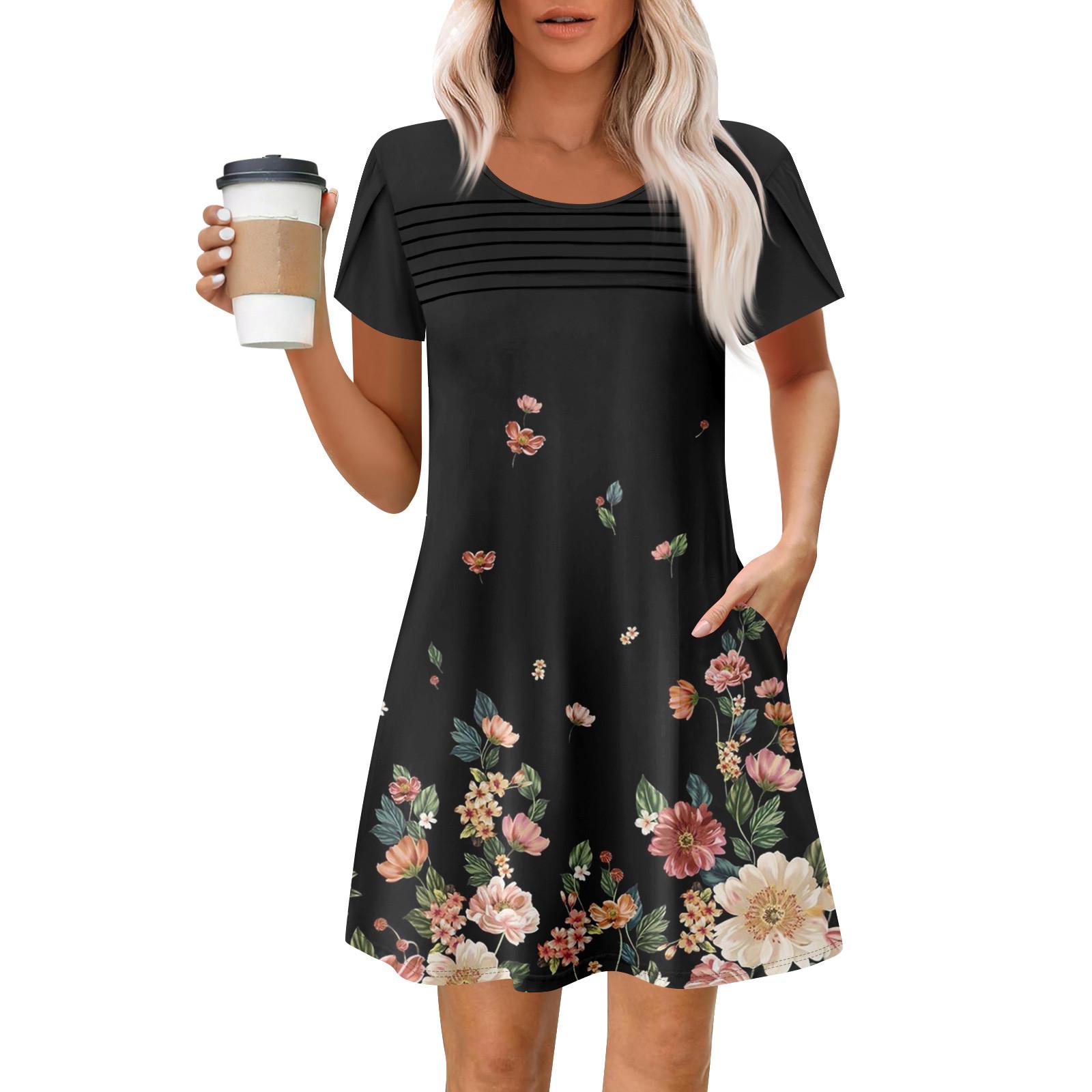 

Женские летние повседневные платья с круглым вырезом, плиссированные, с карманами, с принтом, с коротким рукавом XXL розовый