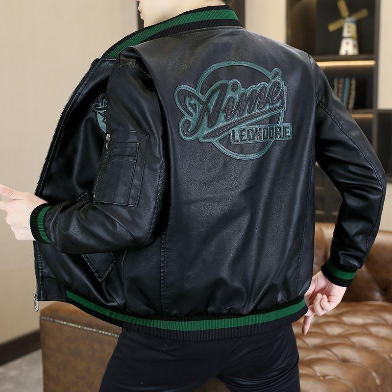 

Мужская кожаная куртка большого размера 2025: Американская вышивка, бейсбольный воротник, свободный крой, мотоциклетный стиль для весны и осени XL 125-140 jin