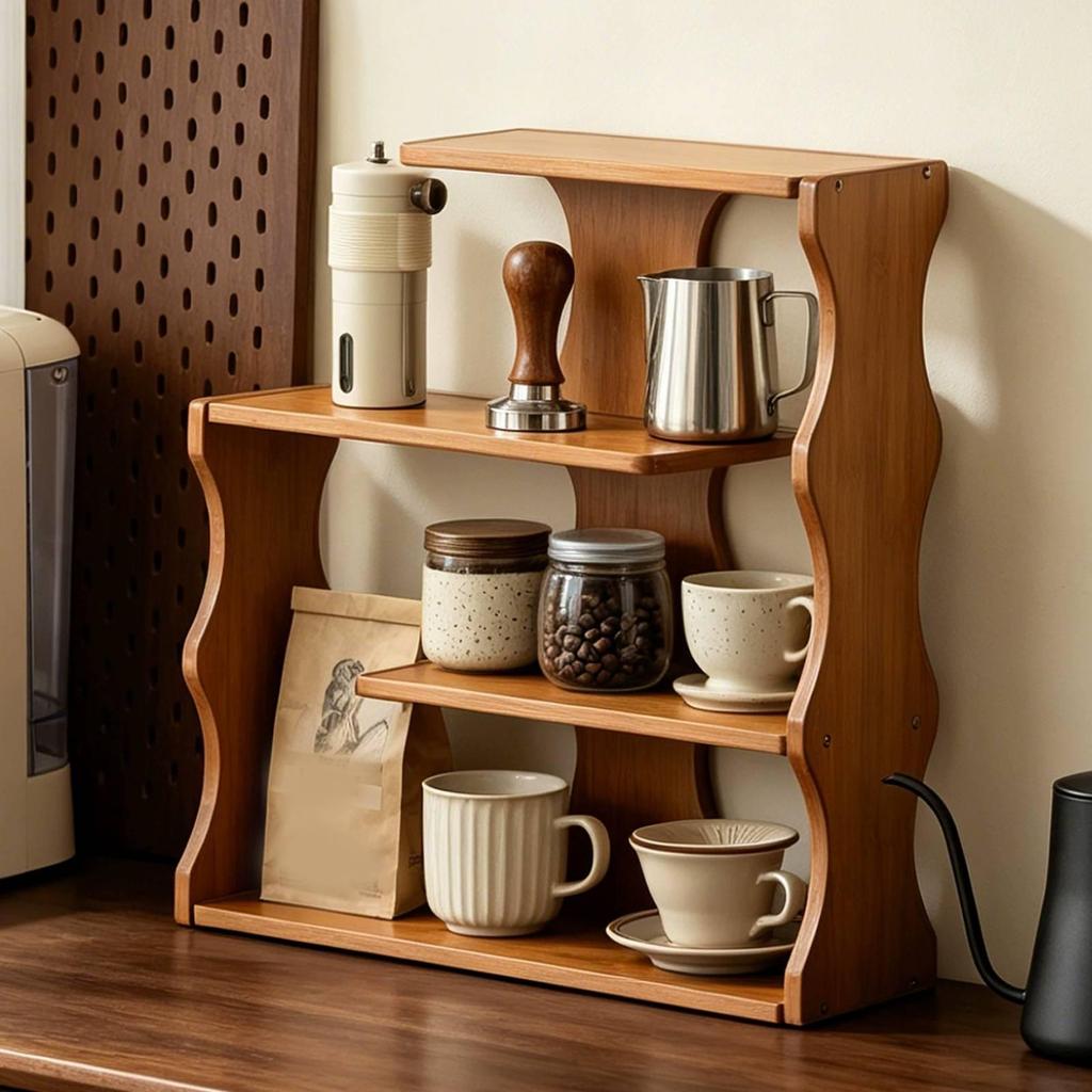 Tabletop Rack Curved Side Panel Wooden Tea Cup Warm Brown Finish Storage Stand