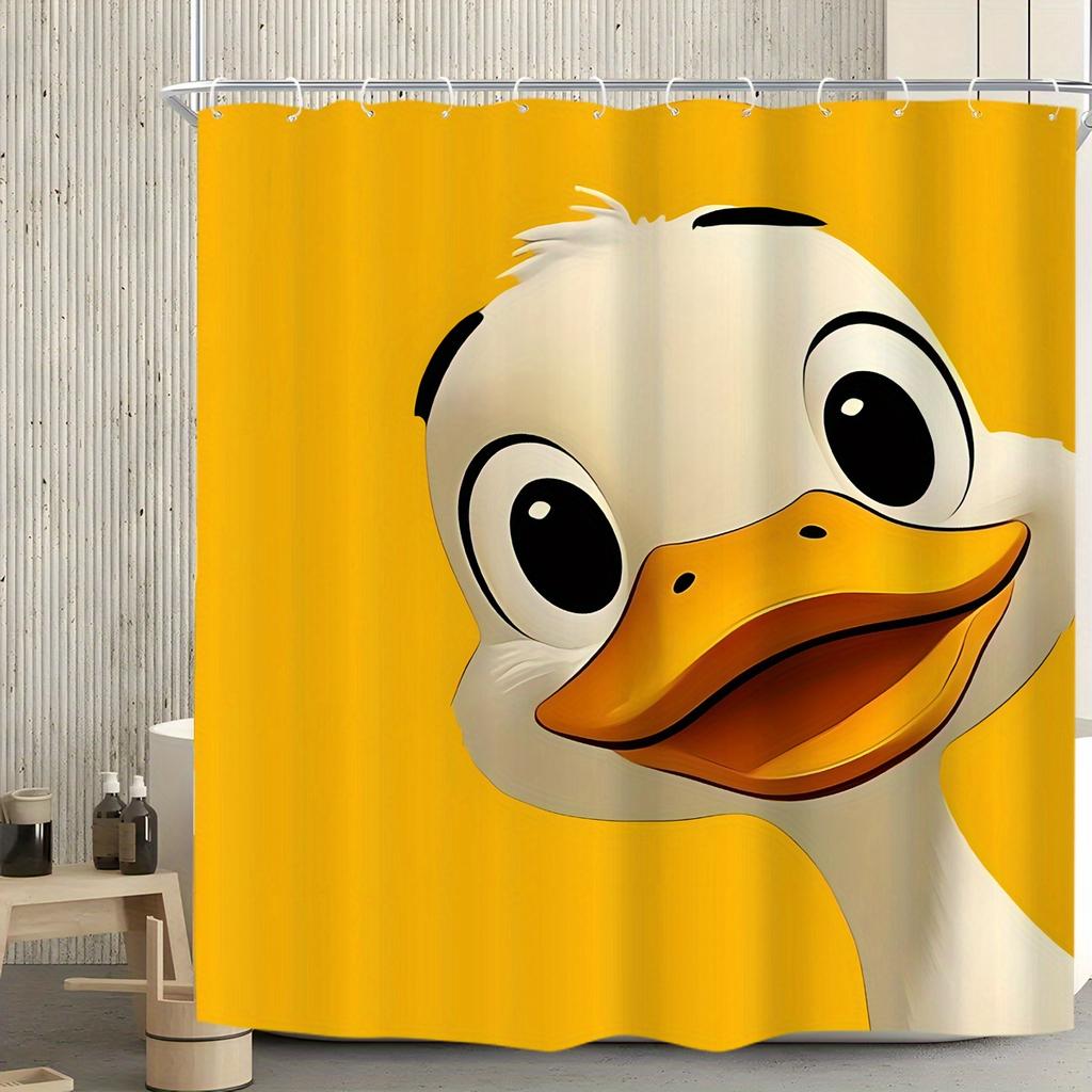 "1-Pack High Quality Yellow Duck Print Shower Curtain, Cute Cartoon Design, Bright Yellow Background,  Playful Bathroom Decor
