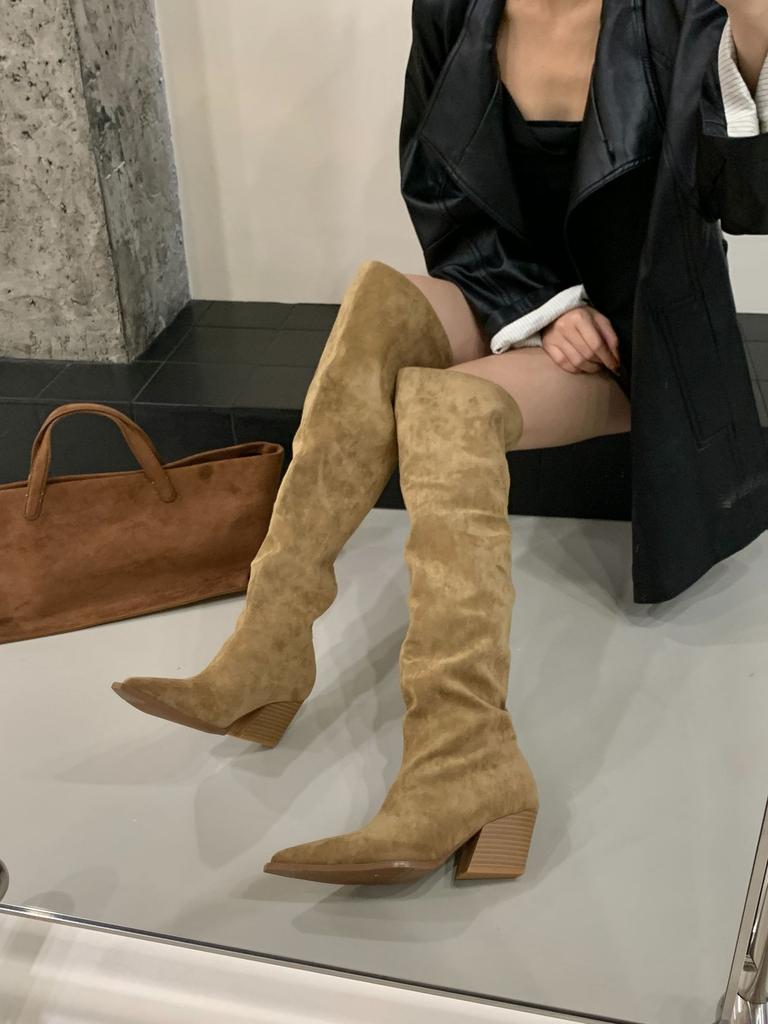 High-heeled pointed khaki stacking boots high knight boots women's shoes 2025 new spring and autumn winter thin long boots