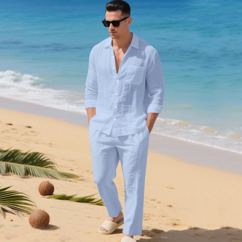 Europäischer & Amerikanischer Leinen Herbst Herren Freizeitanzug: Hemd mit lockerem Revers & Langarm-Strandhose