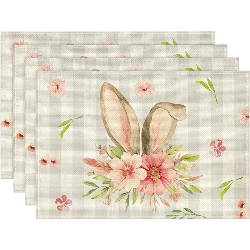 Easter Bunny Placemats Watercolor Floral Table Decor Non-Slip Heat Resistant Dinner Mat Spring Holiday Home Decor Tableware Pad
