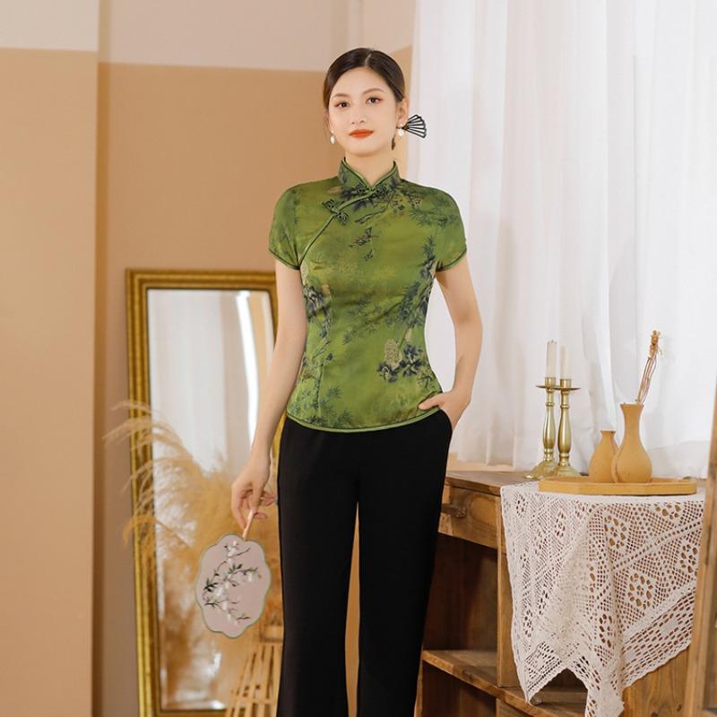 Blusa Elegante de Satén para Mujer Estampado de Flores Camisa Cheongsam Estilo Chino Tradicional Ropa Tang Disfraz de Verano Otoño