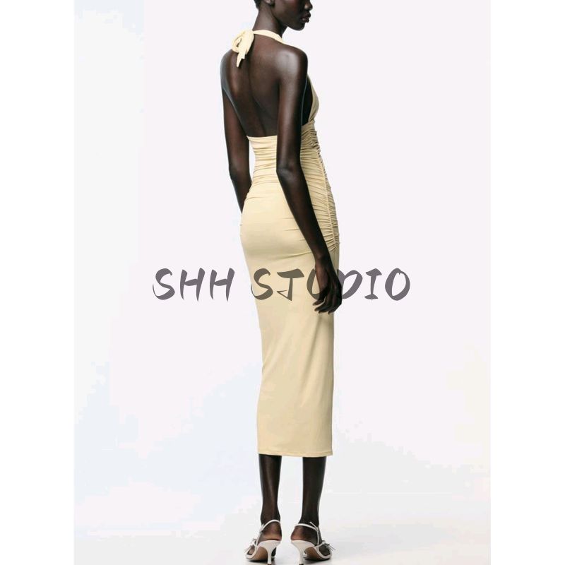 Summer Women's Clothing Bows Lace Pleated Decorative Nylon Hanging Collar Sleeveless Elegant Dress 1026148