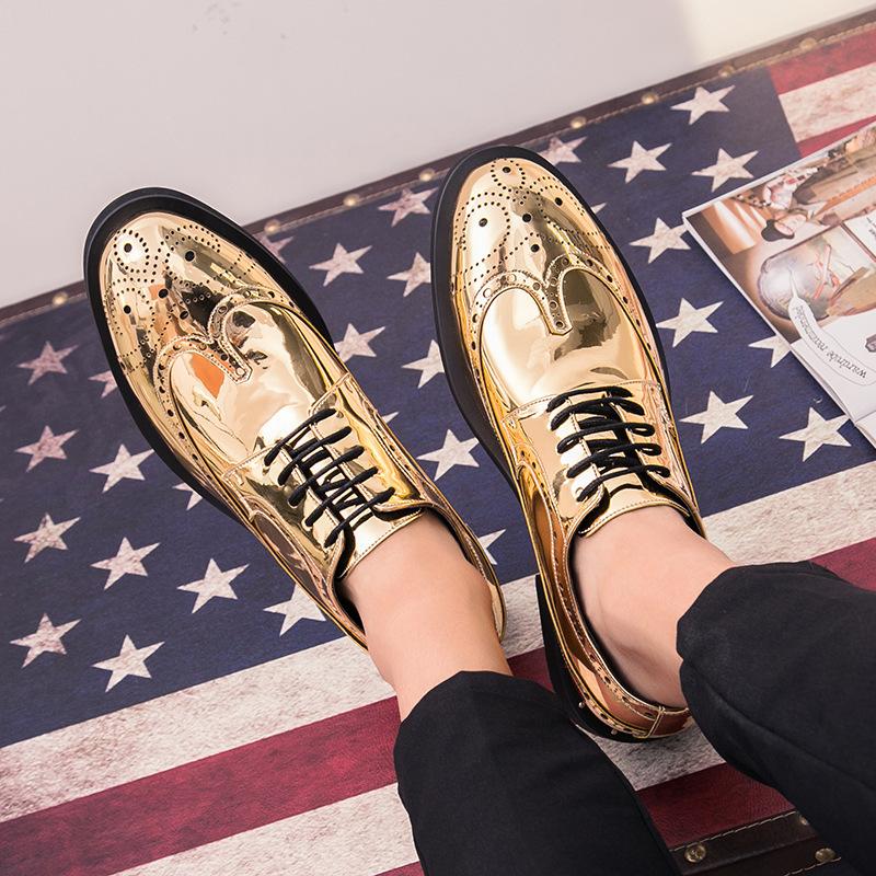 Fashion Glossy Derby Shoes Large Size Brock Carved Leather Shoes Nightclub Personalized Gold Lace-up Leather Shoes