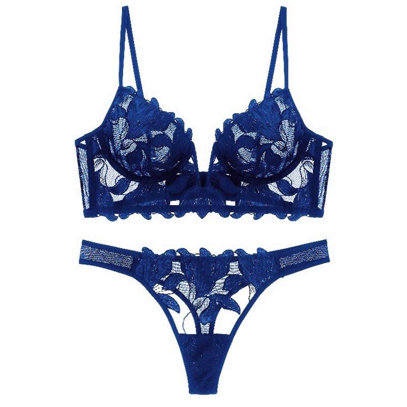 Embroidery Mesh Thong & Bra Set - Sexy Lingerie Dress 300A
